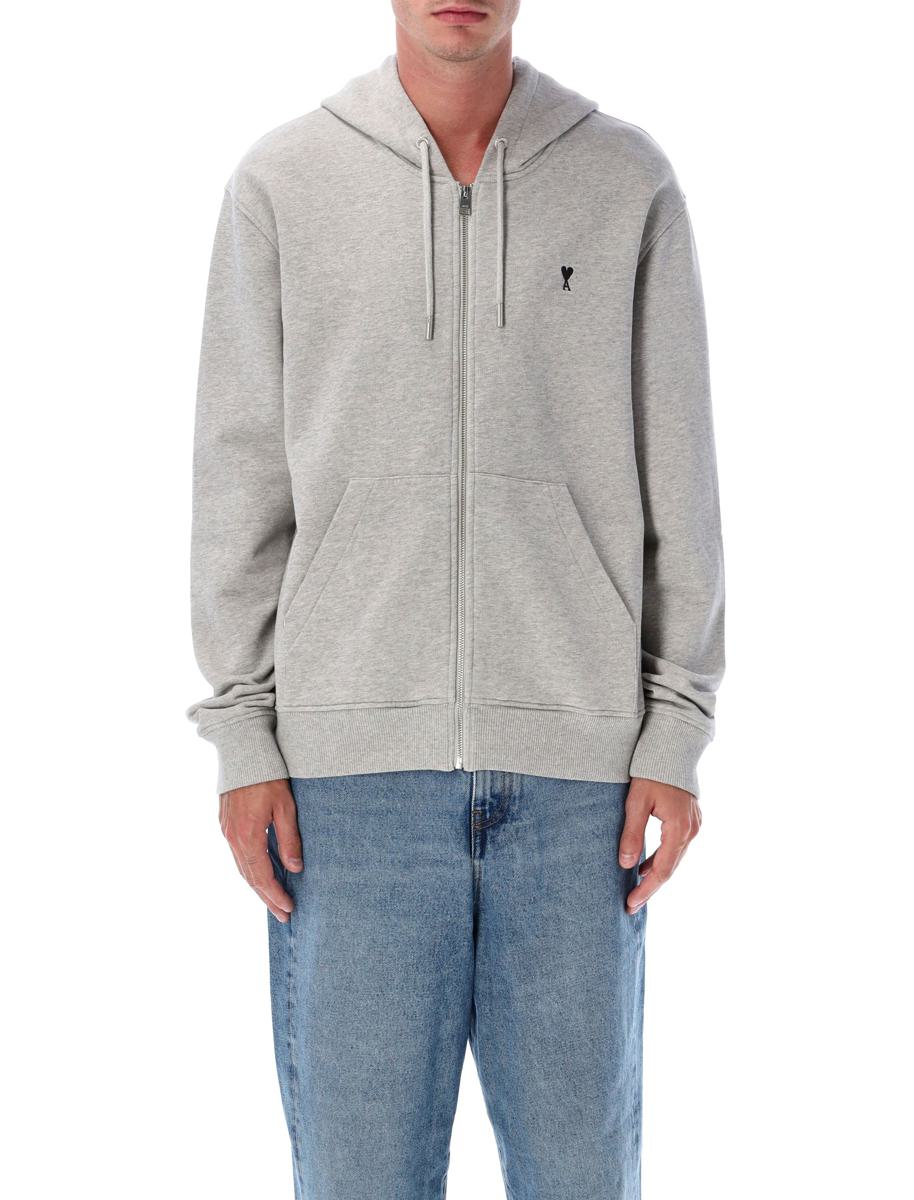 AMI Paris Grey Zipped Cotton De Coeur Hoodie