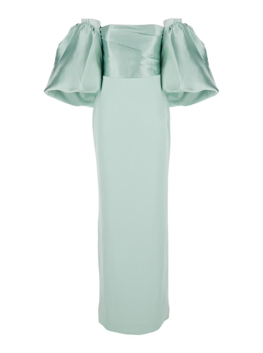'Floris' Green Long Dress With Boat Neckline And Puffed Short Sleeves In Tech Fabric Woman