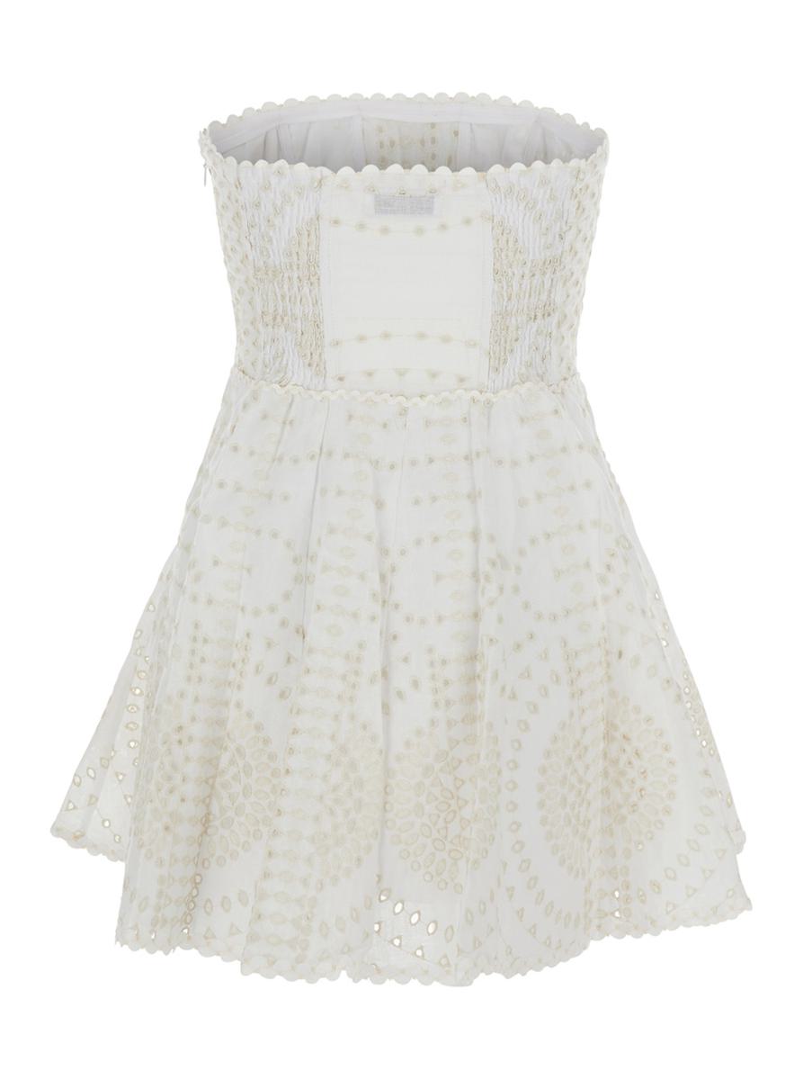 'Clem' White Dress With Flounce Skirt And All-Over Embroidery In Cotton And Linen Blend Woman