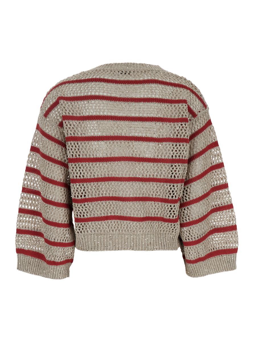 'Dazzling Striped' Beige Sweater With Stripe Motid And Openwork Design In Linen Woman