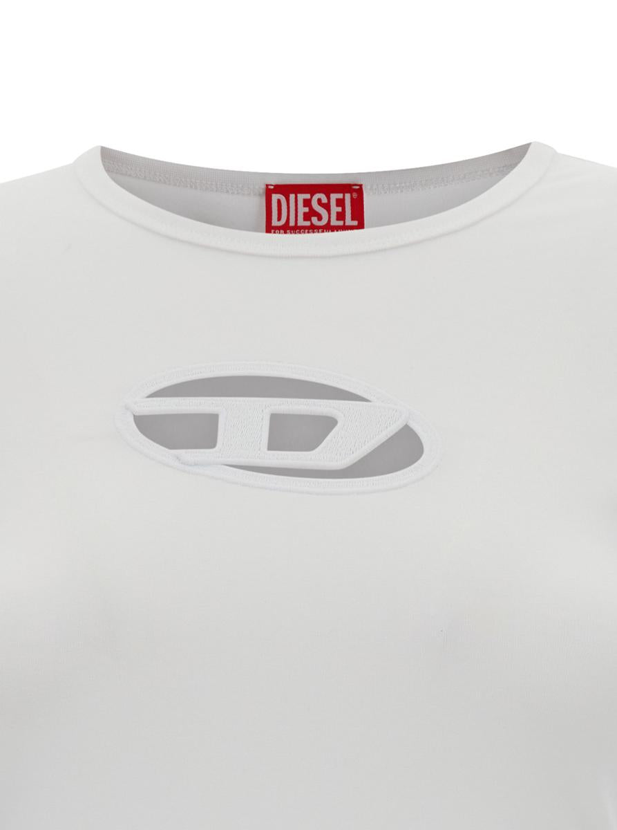 White T-Shirt With Oval D Cut Out Detail In Stretch Cotton Woman