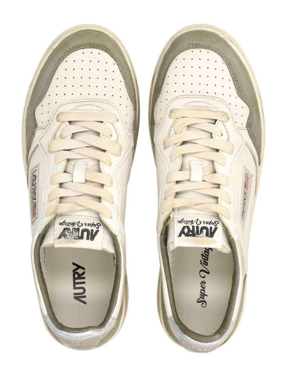 Autry Medalist Low Super Vintage Sneakers In White, Silver, And Hunter Green Lizard Suede