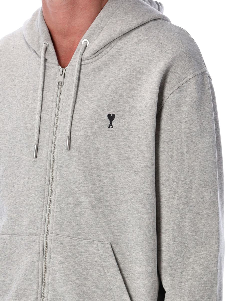 AMI Paris Grey Zipped Cotton De Coeur Hoodie