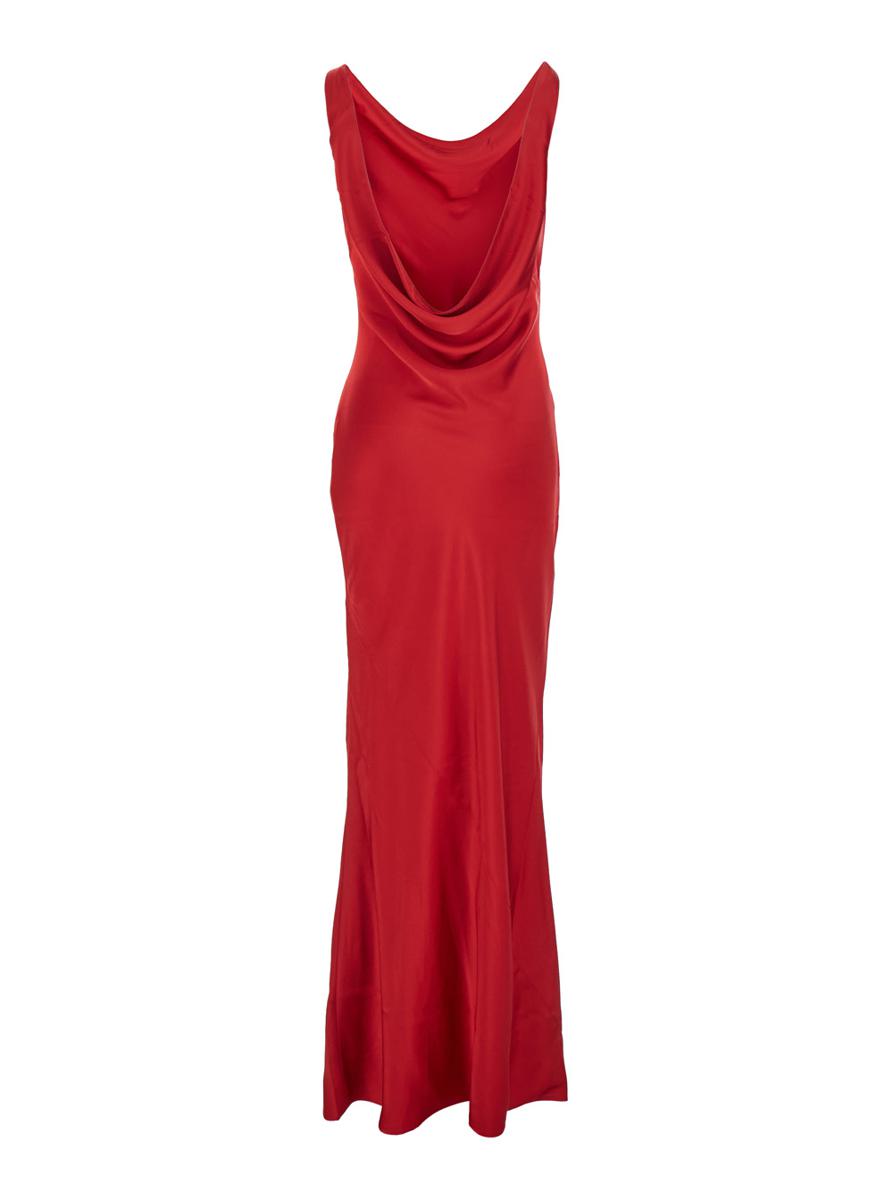Red Sleeveless Dress With Draped Neckline And Low Rear In Tech Fabric Woman