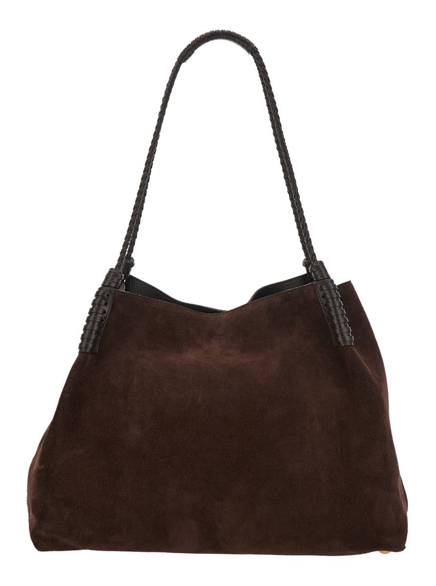 'Libra' Brown Big Shoulder Bag With Logo Embroidery On The Front And Braided Handles In Suede Woman