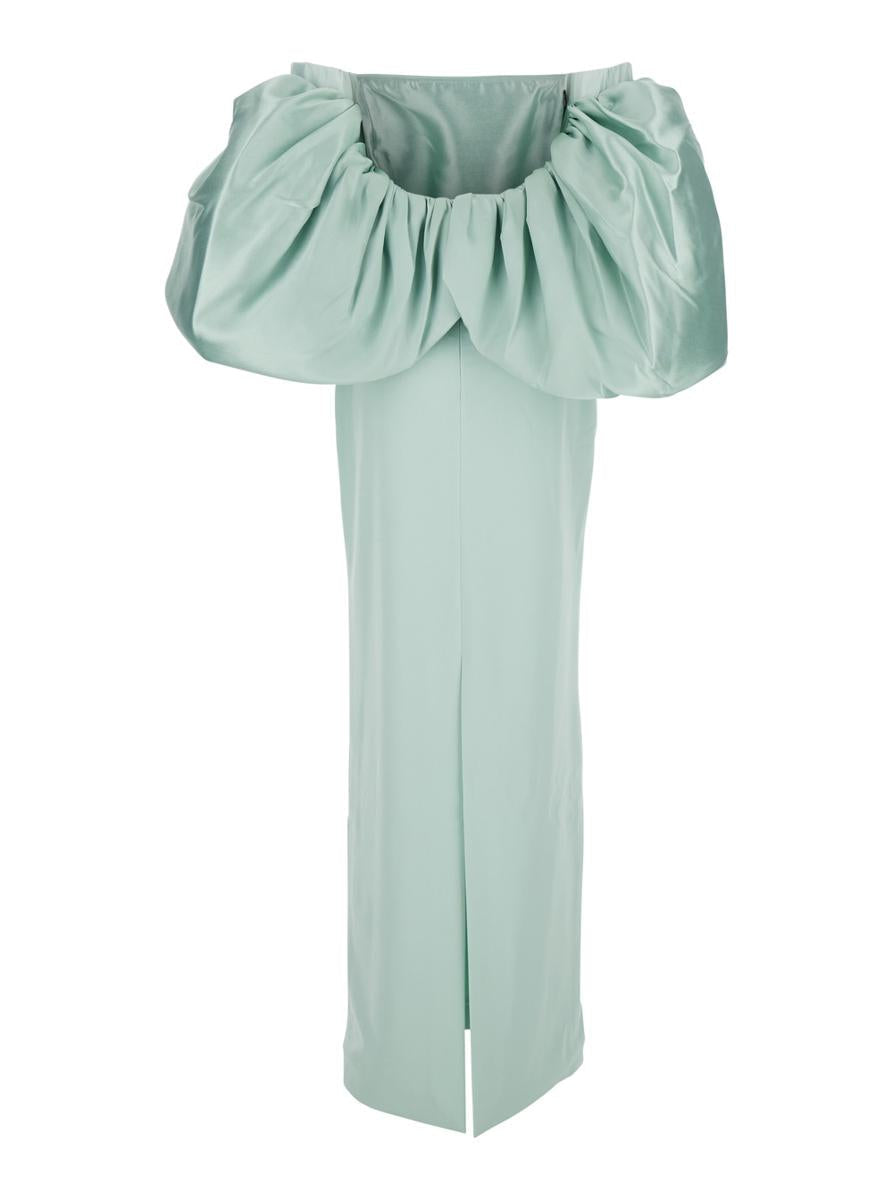 'Floris' Green Long Dress With Boat Neckline And Puffed Short Sleeves In Tech Fabric Woman