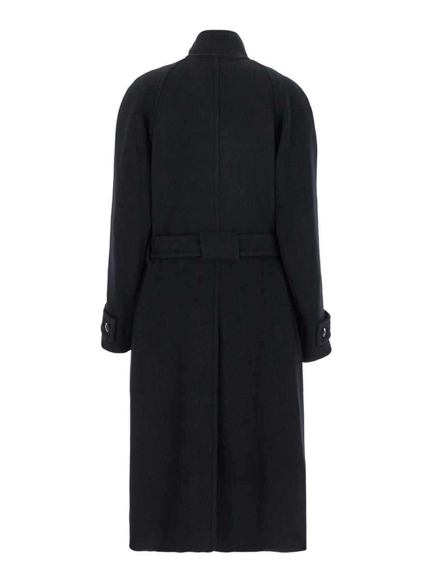 Black Double-Breasted Coat With Removable Belt And Wraparound Design In Wool Blend Woman