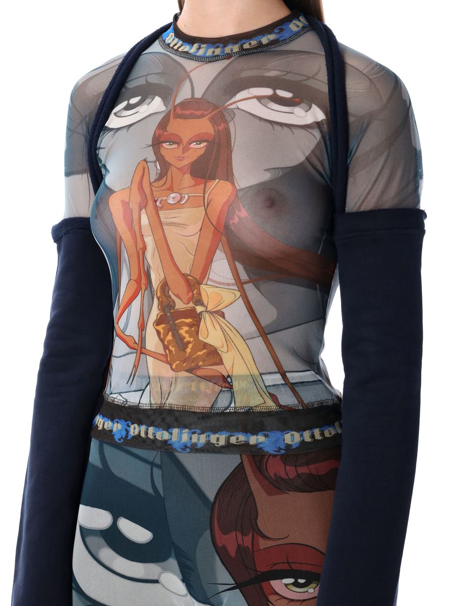 Ottolinger Julien Ceccaldi Printed Mesh Top With Sleeves