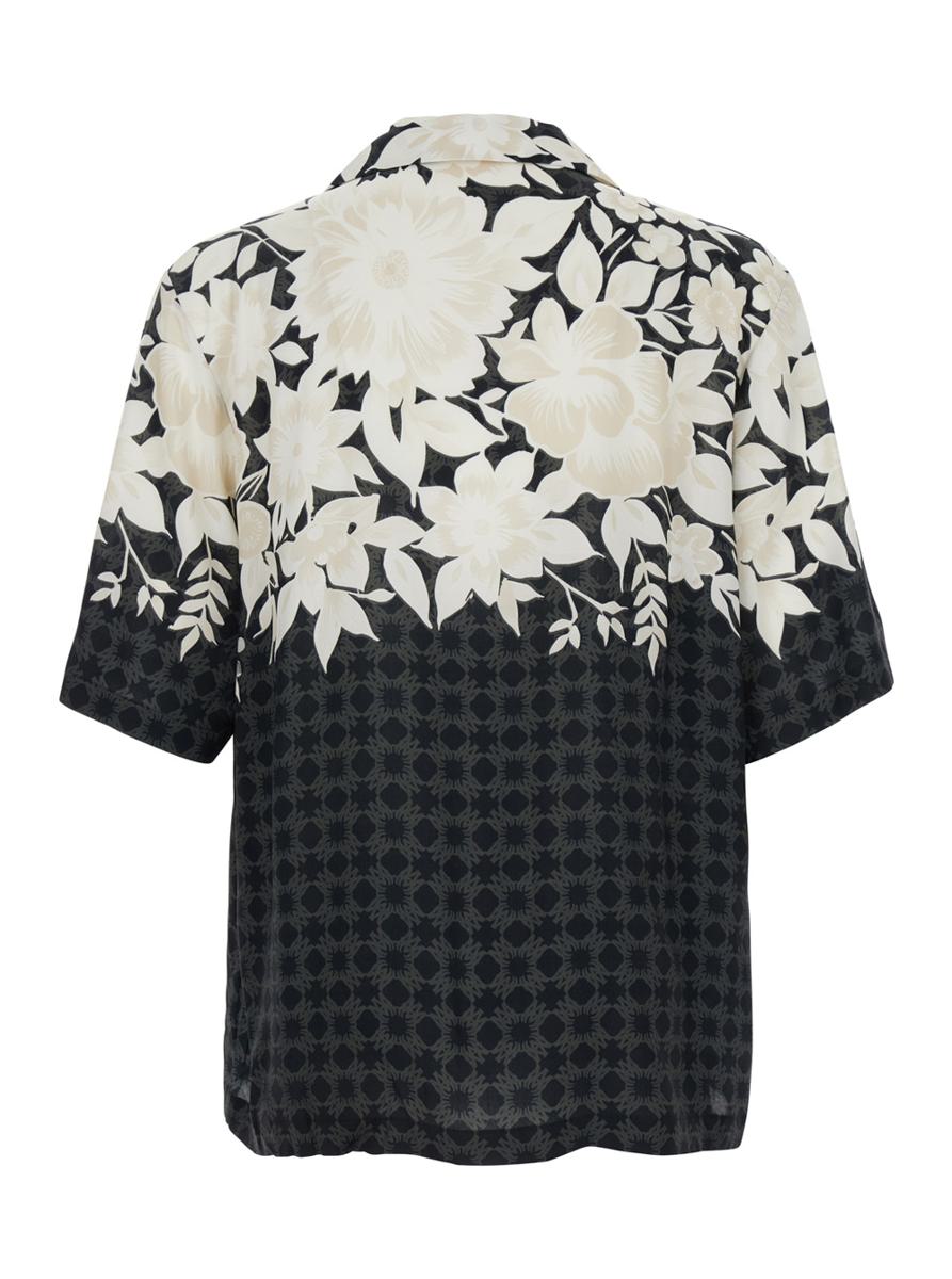 'Garden' Black Bowling Shirt With Cuban Collar And All-Over Floral Print In Tech Fabric Man