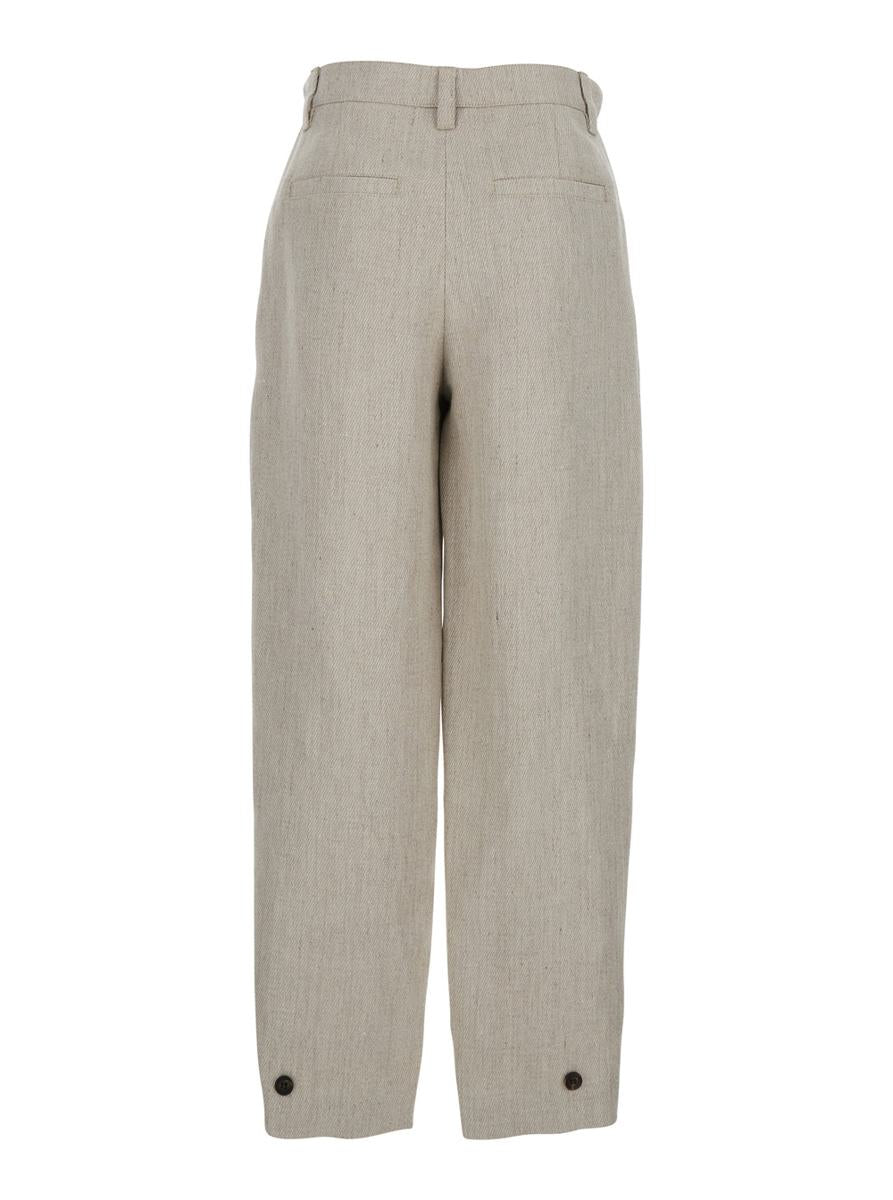 Beige Pants With Hidden Front Closure And Applied Buttons In Linen Woman