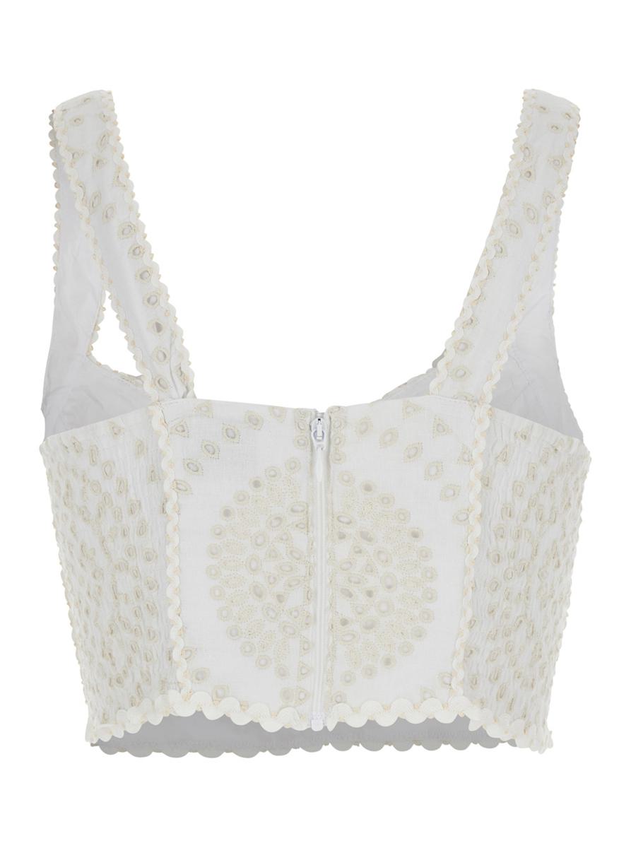 'Goldie' White Top With V-Neck On The Front And Perforated Design In Cotton And Linen Blend Woman