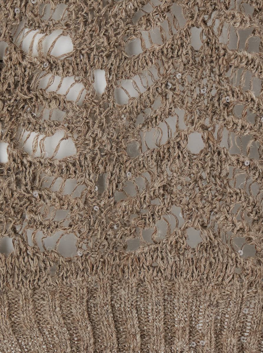'Dazzling' Brown Round Neck Sweater With Open Stitch And Beaded Decorations In Linen Blend Woman