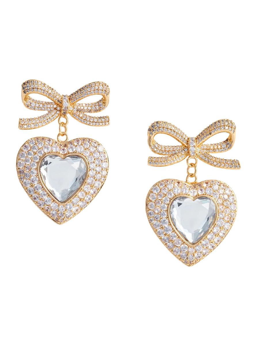 Gold Bow Crystal Heart Earrings
