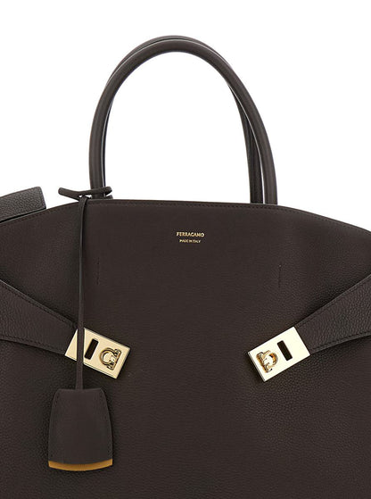 'Hug Bicolor' Brown Handbag With Logo And Gancini Buckle In Leather Woman