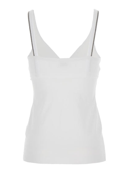 White Sleeveless Top With V Neck And Monil Detail On The Shoulder Straps In Cotton Stretch Woman