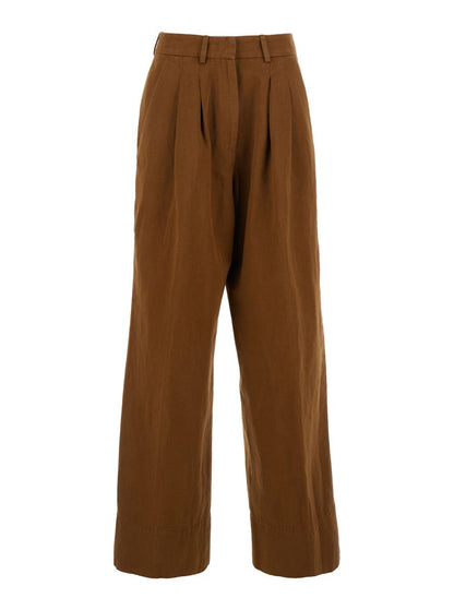 'Frankie' Brown Pants With Belt Loops In Cotton And Linen Blend Woman
