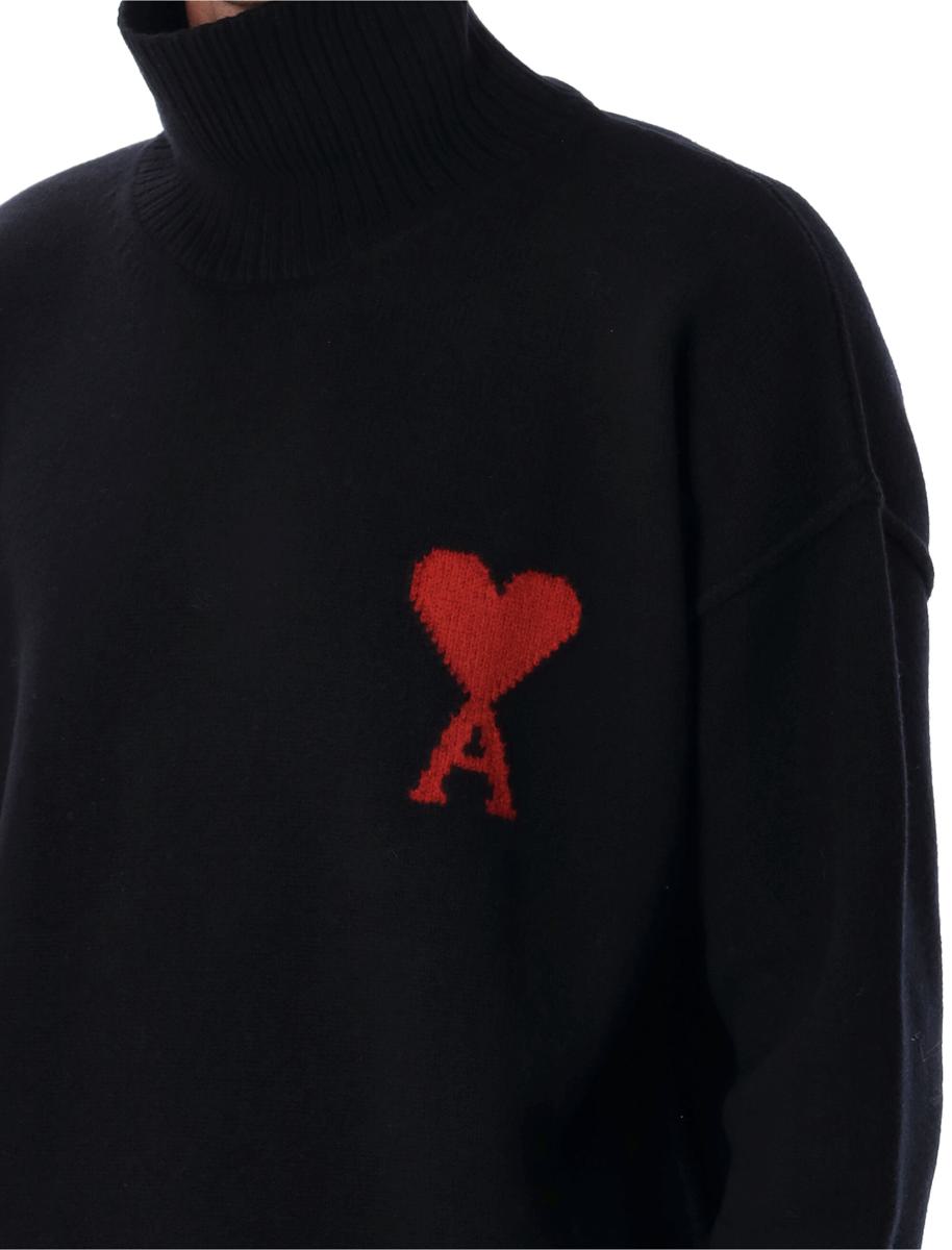 AMI Paris Black Wool  De Coeur Turtleneck