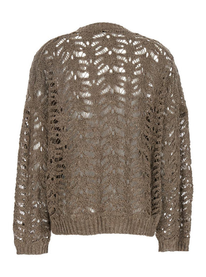 'Dazzling' Brown Round Neck Sweater With Open Stitch And Beaded Decorations In Linen Blend Woman