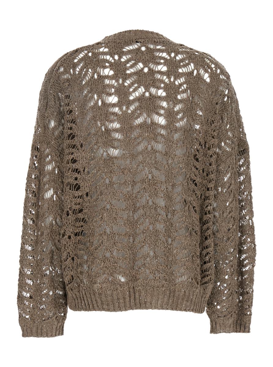'Dazzling' Brown Round Neck Sweater With Open Stitch And Beaded Decorations In Linen Blend Woman