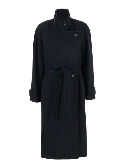 Black Double-Breasted Coat With Removable Belt And Wraparound Design In Wool Blend Woman