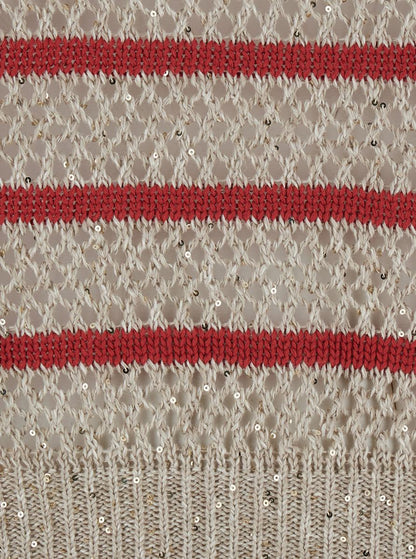 'Dazzling Striped' Beige Sweater With Stripe Motid And Openwork Design In Linen Woman
