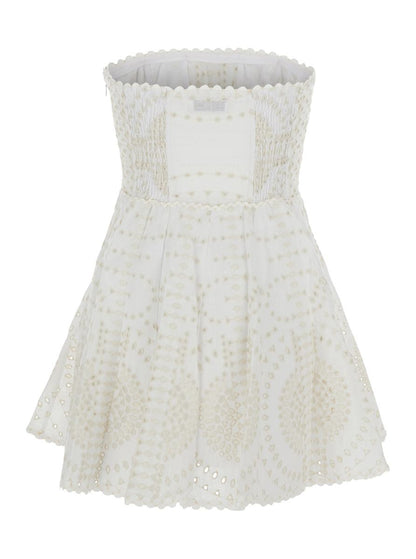 'Clem' White Dress With Flounce Skirt And All-Over Embroidery In Cotton And Linen Blend Woman