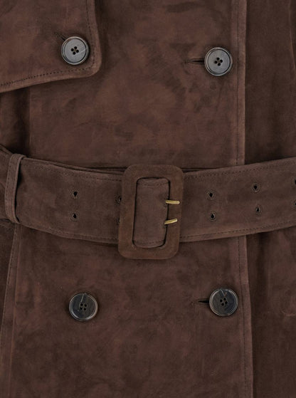 'Benedict' Brown Double-Breasted Coat With Belt In Suede Woman