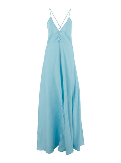 Light Blue Sleeveless Long Dress With Criss-Crossed Spaghetti Straps And Rear Button Closure In Tech Fabric Woman