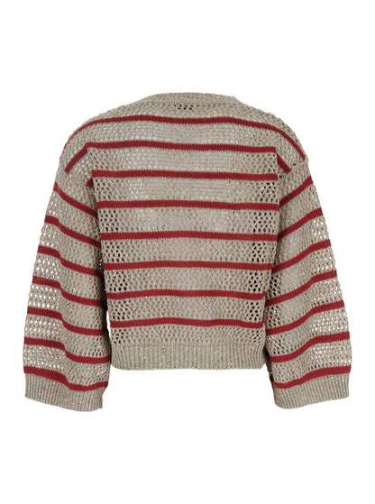 'Dazzling Striped' Beige Sweater With Stripe Motid And Openwork Design In Linen Woman