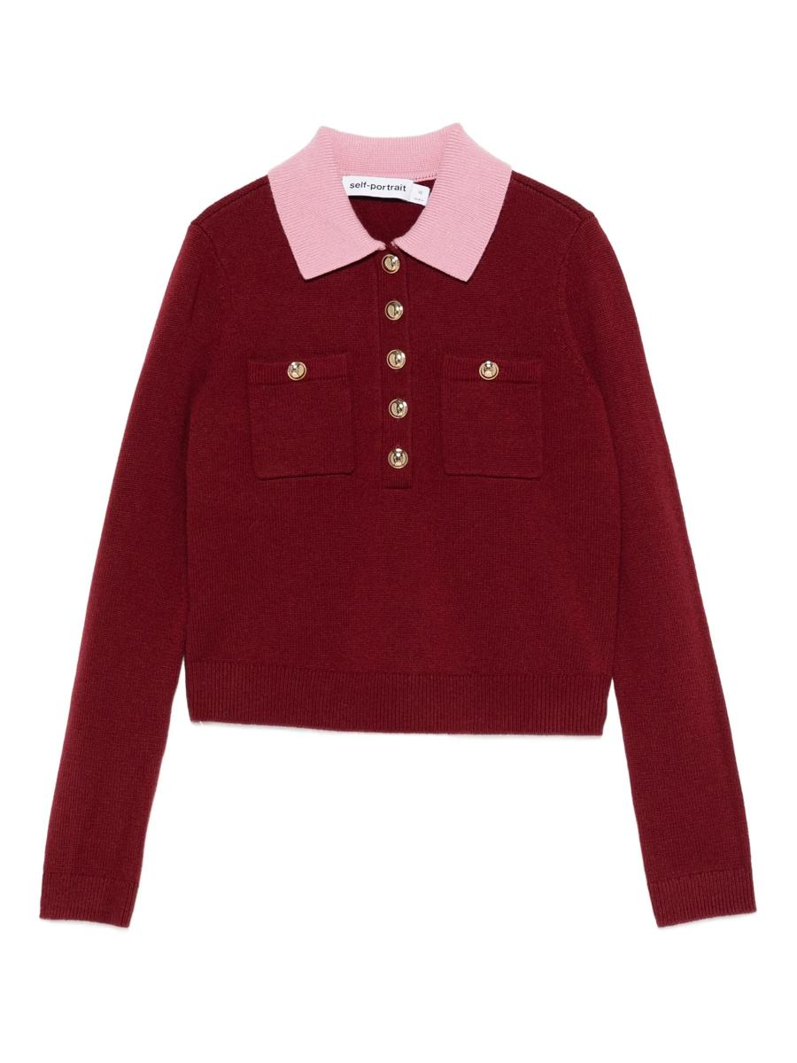Self-Portrait Burgundy Pink Contrast Collar Knit Top Clothing
