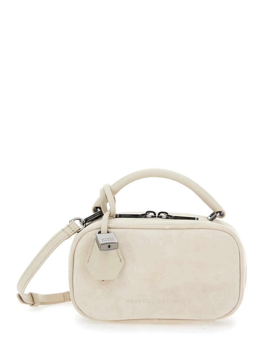 'Boston Explorer' White Crossbody Bag With Removable Metal Padlock Charm In Suede Woman