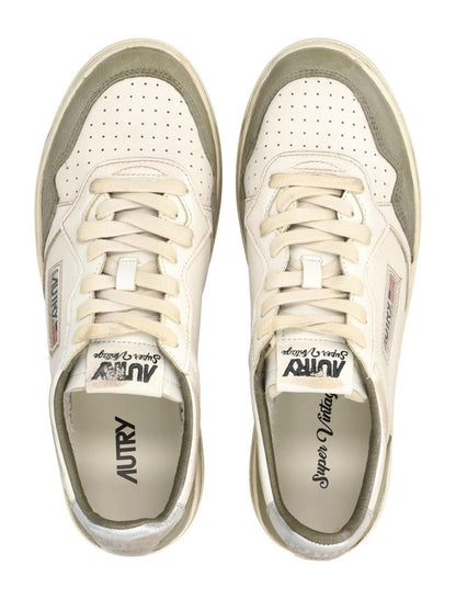 Autry Medalist Low Super Vintage Sneakers In White, Silver, And Hunter Green Lizard Suede