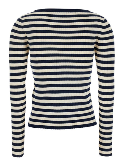 White And Black Top With Ribbed Design And All-Over Striped Motif In Viscose Woman