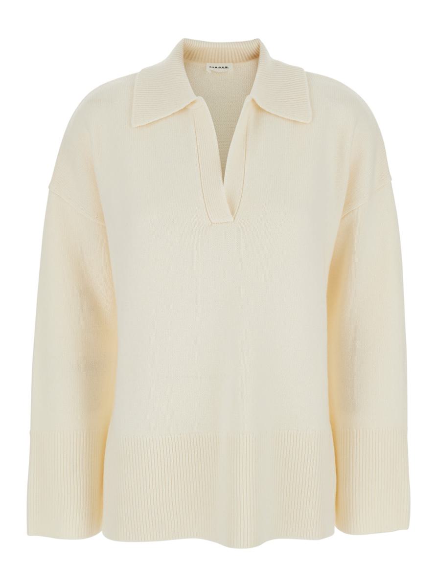 White Sweater With Polo Shirt Style Collar And Dropped Shoulder In Wool And Cashmere Woman