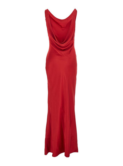 Red Sleeveless Dress With Draped Neckline And Low Rear In Tech Fabric Woman