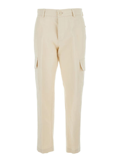 White Pants With Cargo Pockets In Cotton And Linen Blend Woman