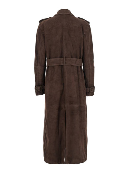 'Benedict' Brown Double-Breasted Coat With Belt In Suede Woman