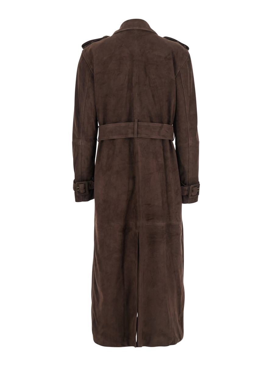 'Benedict' Brown Double-Breasted Coat With Belt In Suede Woman