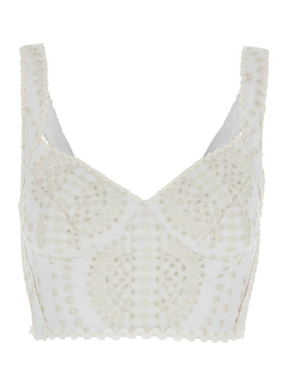 'Goldie' White Top With V-Neck On The Front And Perforated Design In Cotton And Linen Blend Woman