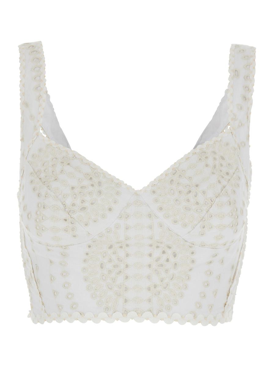 'Goldie' White Top With V-Neck On The Front And Perforated Design In Cotton And Linen Blend Woman