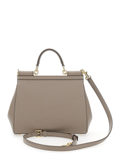Grey Handbag With Adjustable And Removable Shoulder Strap And Logo Plaque On The Front In Grained Leather Woman