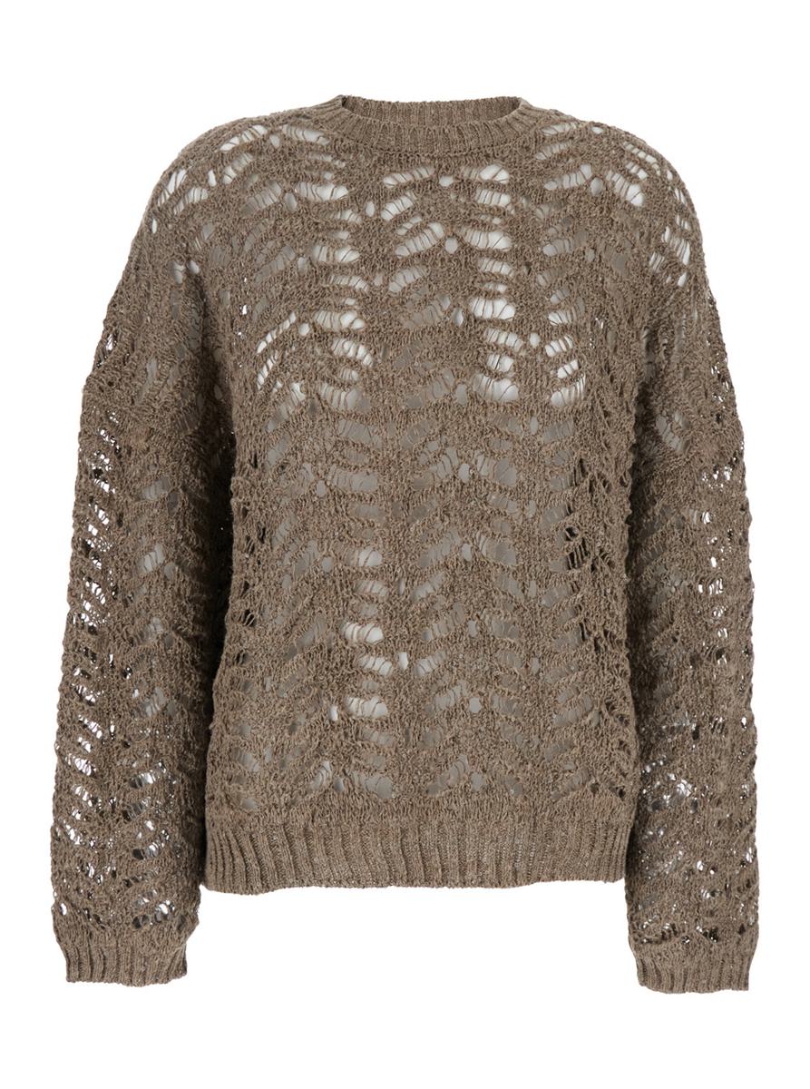 'Dazzling' Brown Round Neck Sweater With Open Stitch And Beaded Decorations In Linen Blend Woman