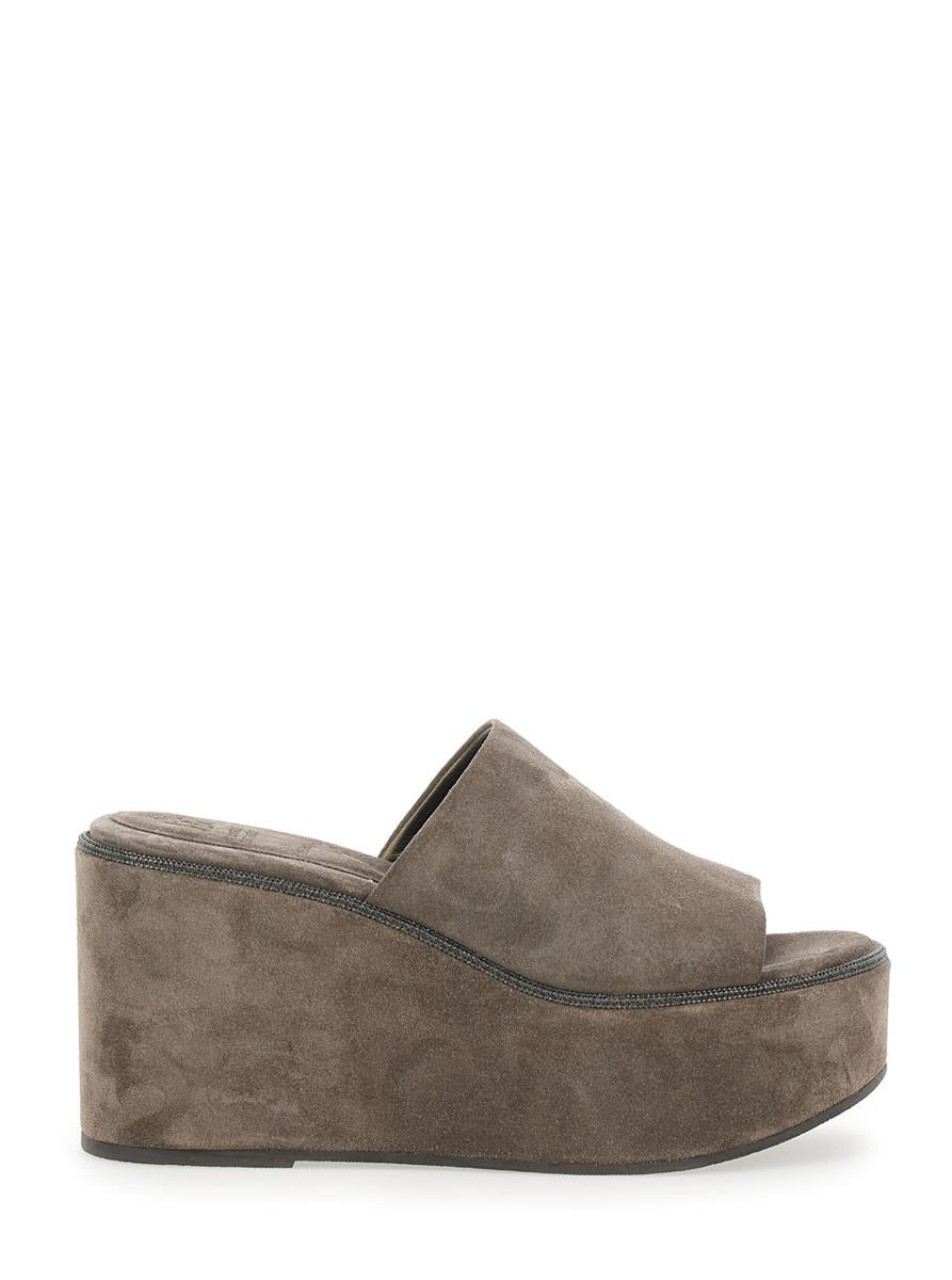 Brown Wedges With Almond Toe In Suede Woman