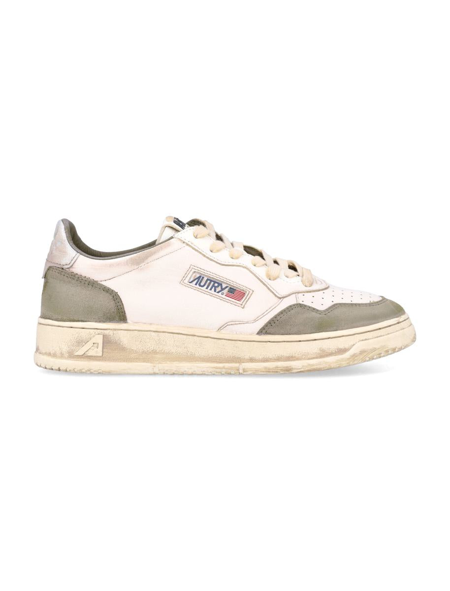 Autry Medalist Low Super Vintage Sneakers In White, Silver, And Hunter Green Lizard Suede