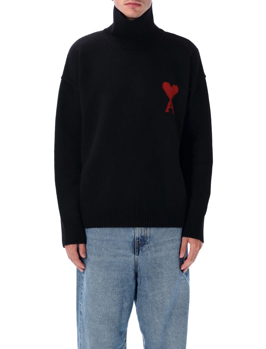AMI Paris Black Wool  De Coeur Turtleneck