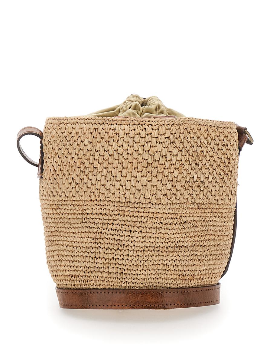 'Maika' Beige Bucket Bag With Top Closure With Drawstring In Raffia Woman