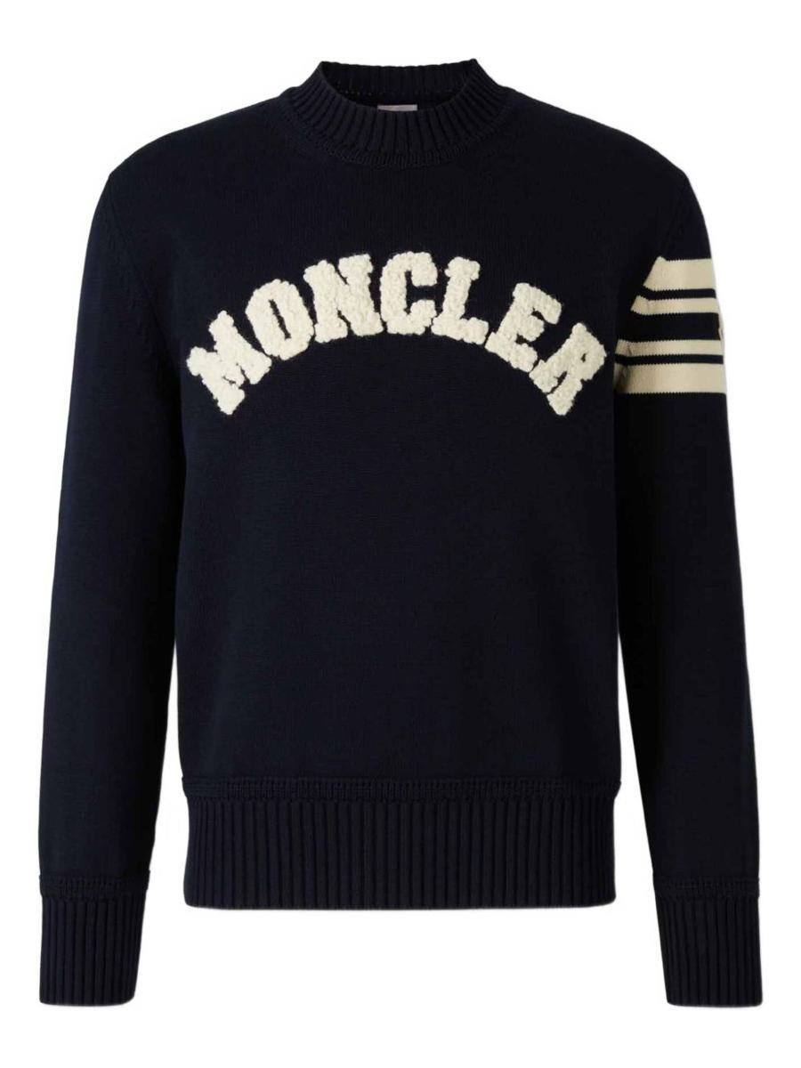 Moncler Navy Blue Cotton Sweater With Logo Embroidery