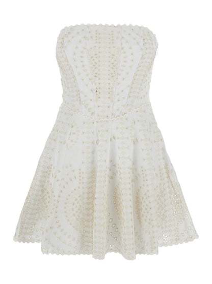 'Clem' White Dress With Flounce Skirt And All-Over Embroidery In Cotton And Linen Blend Woman