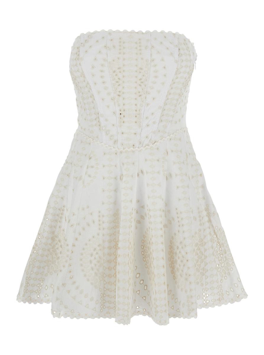 'Clem' White Dress With Flounce Skirt And All-Over Embroidery In Cotton And Linen Blend Woman