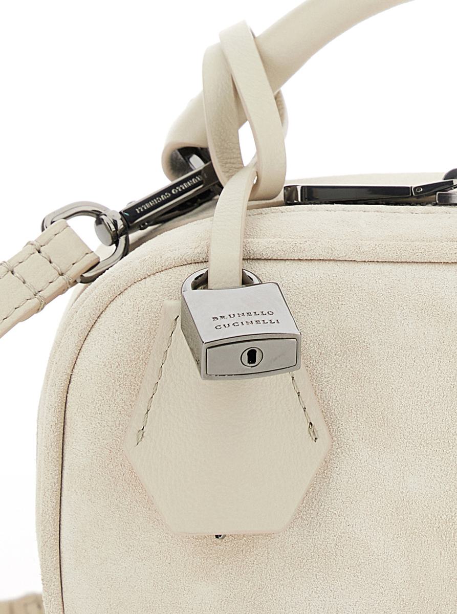 'Boston Explorer' White Crossbody Bag With Removable Metal Padlock Charm In Suede Woman